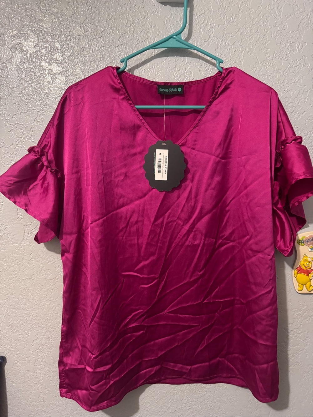 Sterling Kreek Fuchsia Satin V-Neck Ruffle Sleeve Blouse